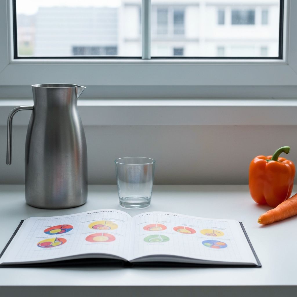 Workspace with nutrition research materials and fresh vegetables